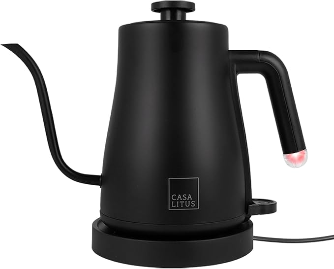 CASA LITUS Tetera Eléctrica de Acero Inoxidable con Cuello de Cisne, Hervidor de Agua Eléctrico con Apagado Automático y Tapa Hermética, Jarra para Preparar Café, Té y más, Cap. 1 Litro, Mod. Hamburgo
