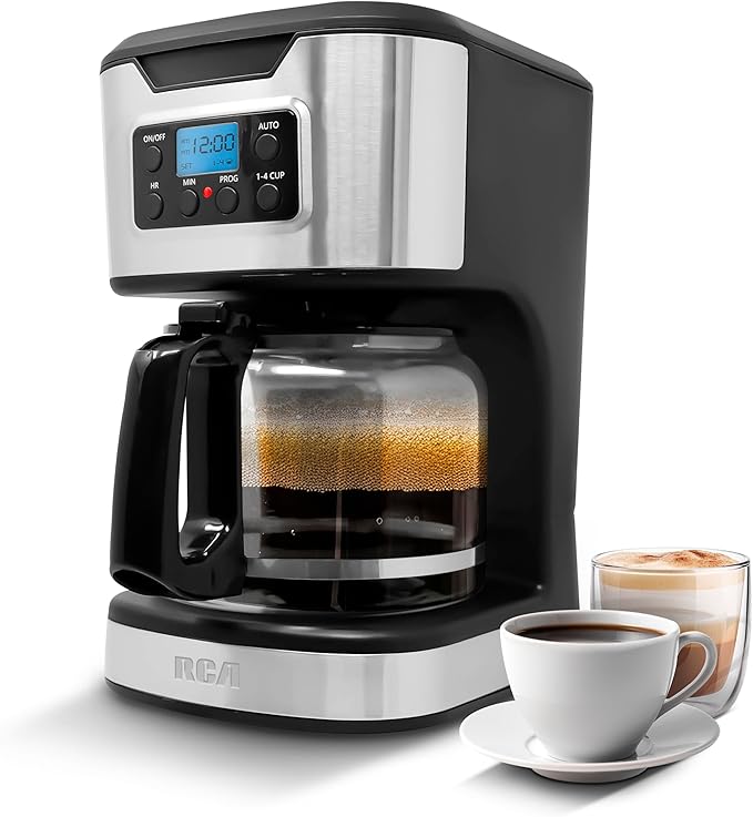 Cafetera Digital Programable 12 tazas RCA Pantalla Táctil, Sistema Antigoteo, Filtro Reutilizable, Jarra de Vidrio y Función para Café Caliente Color Negro Mod- RC-CAF3