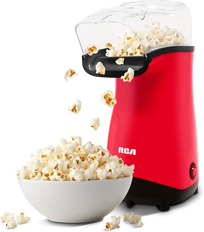 RCA Palomitero RC-1025, Tapa Medidora Incluida Estilo Compacto y Eléctrico, Funciona con Aire Caliente, Capacidad de 70 gr, Luz Indicadora, Ideal para Fiestas y Cine en Casa, Color Rojo y Negro