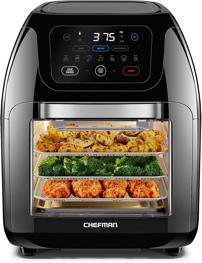 Chefman – Freidora digital multifuncional + asador, deshidratador, horno de convección, 17 preselecciones en pantalla táctil para freír, asar, deshidratar y hornear accesorios incluidos, L 10L, negro