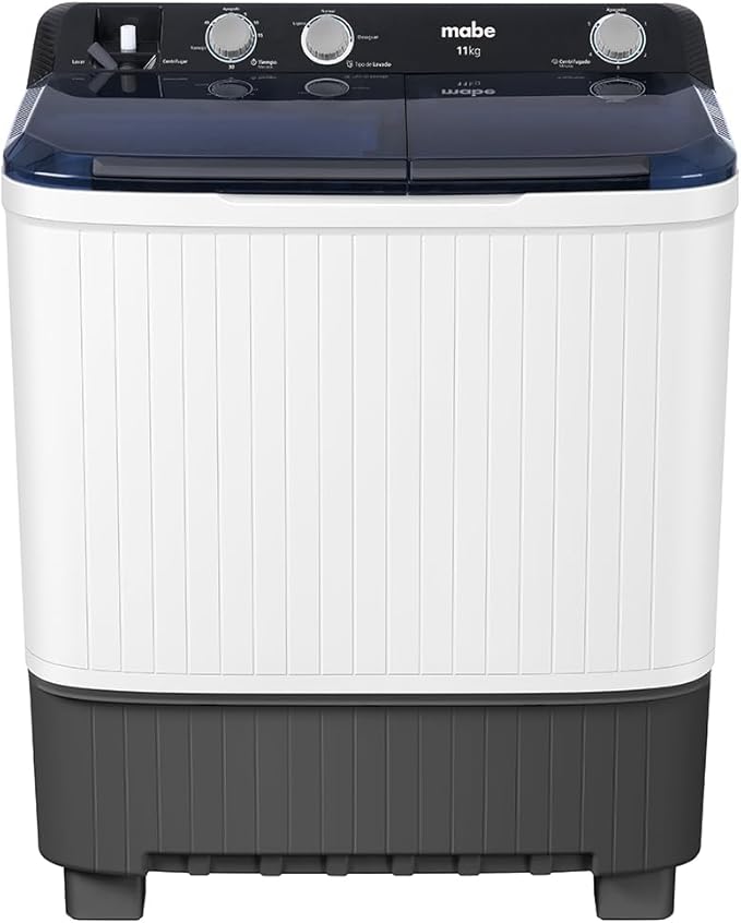 Lavadora Mabe Semi-Automática 11 kg, dobel tina, selección de tiempos de lavado, filtro atrapapelusa, tapa desmontable, color blanco, modelo LMDX1123BAB0