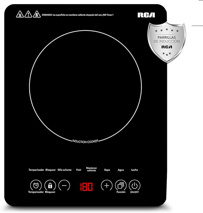 RCA Parrilla de Inducción RC-12A3, (1 Quemador) de Cristal Templado, Color Negro, Control de Temperatura, Temporizador, Apagado Automático, Protección Sobrecarga, Ideal para Cocinas Pequeñas, Portátil